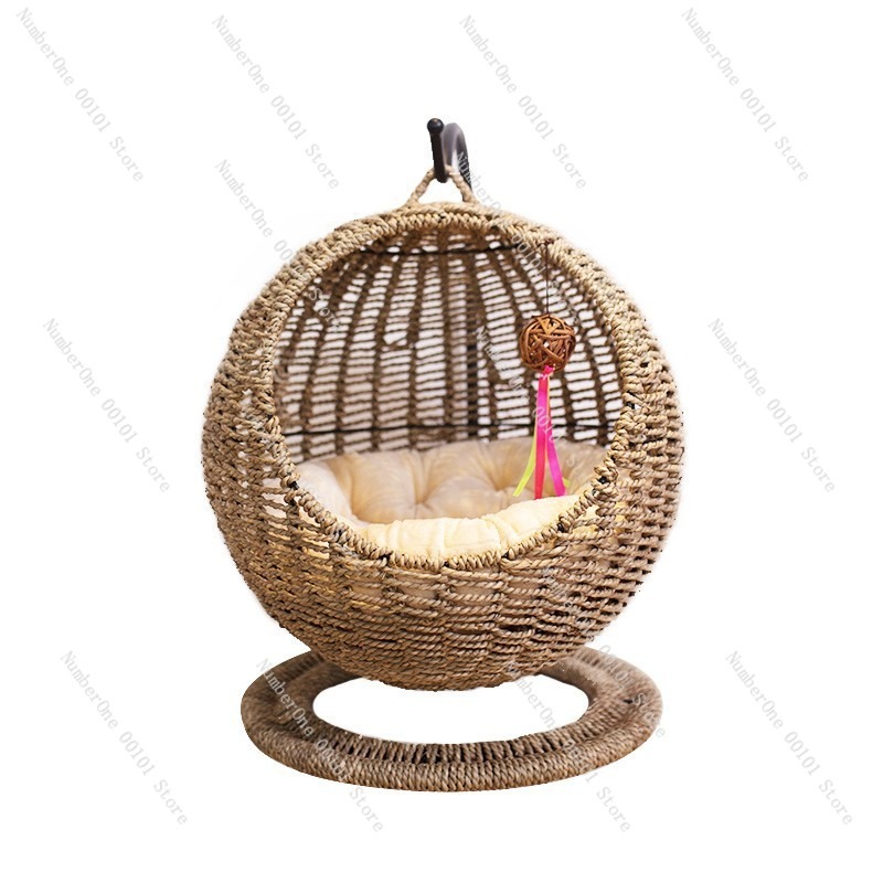 Pet Beds - Rattan Katzen-Hängekorb, rund, halbgeschlossen, Hängematte, Schaukelliege,