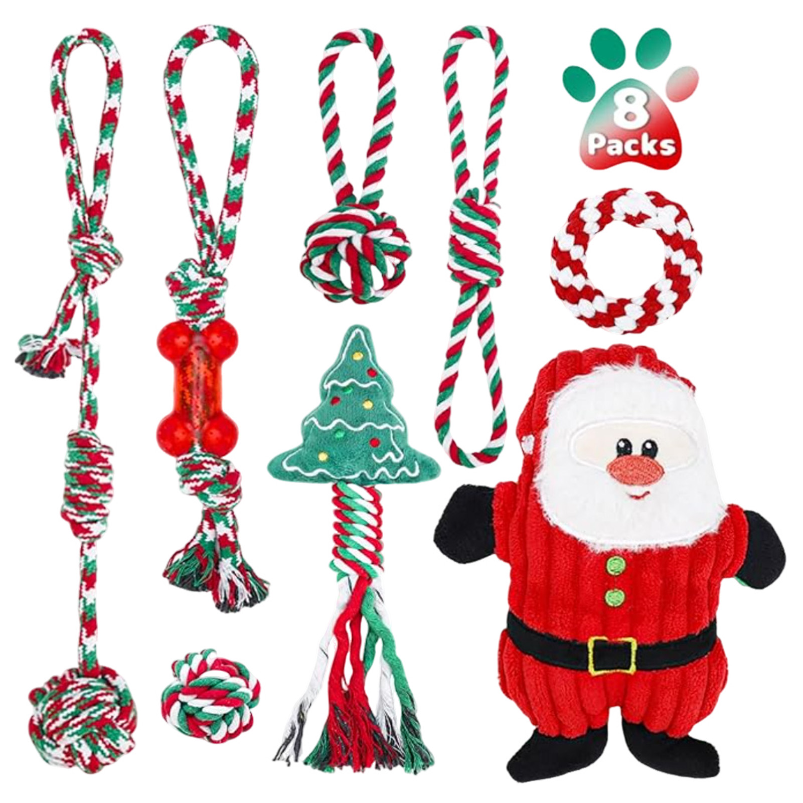 Dog Rope Toy Aggressive Chewers - Hundekau-Seilspielzeug-Set, Weihnachts-Seilknoten, Welpen-Kauspielzeug, Zahnreinigungsstab, Stoffstreifen, geeignet